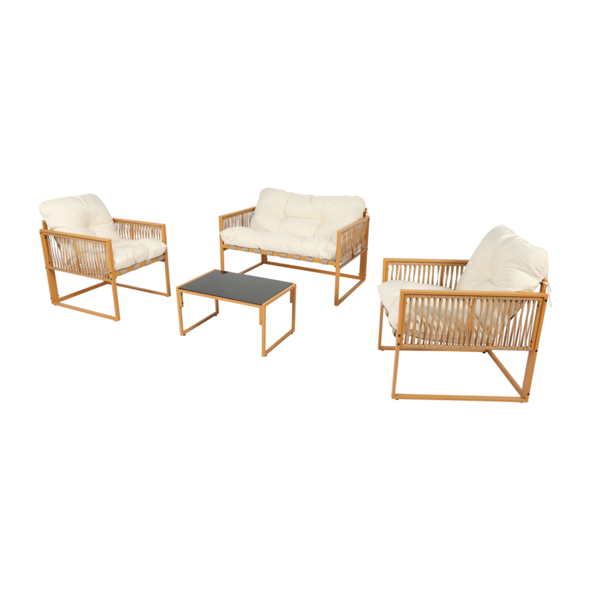 FORLI Salon de jardin 4 places effet rotin coussins blancs