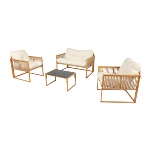 FORLI Salon de jardin 4 places effet rotin coussins blancs