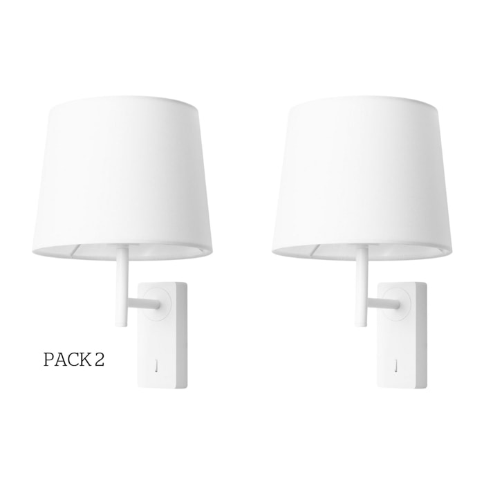Forlight Aura - 2 Apliques de Pared para Dormitorio E27 con Interruptor ON/OFF en la Base. Color Blanco con Pantalla de Textil