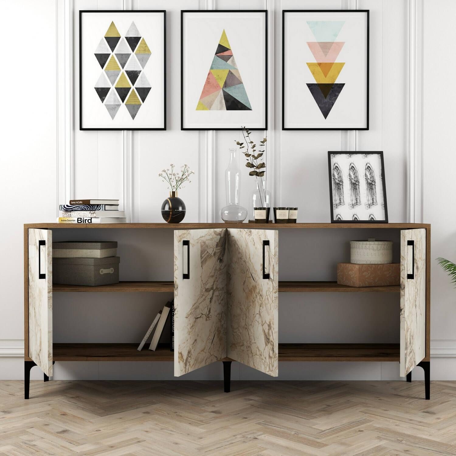 Credenza Dpedrol, Buffet da soggiorno, Madia da salotto, Dispensa da cucina, 180x35h78 cm, Noce e Bianco Marmo