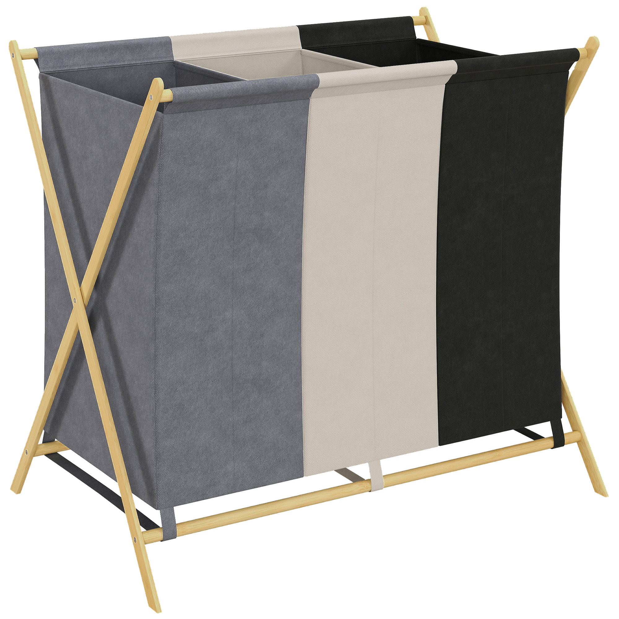 Cesto para Ropa Sucia Plegable con 3 Compartimentos Capacidad de 129L Cesta para la Colada con Estructura Forma de X de Bambú y Bolsas Extraíbles 75x48x67 cm Multicolor