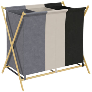 Cesto para Ropa Sucia Plegable con 3 Compartimentos Capacidad de 129L Cesta para la Colada con Estructura Forma de X de Bambú y Bolsas Extraíbles 75x48x67 cm Multicolor