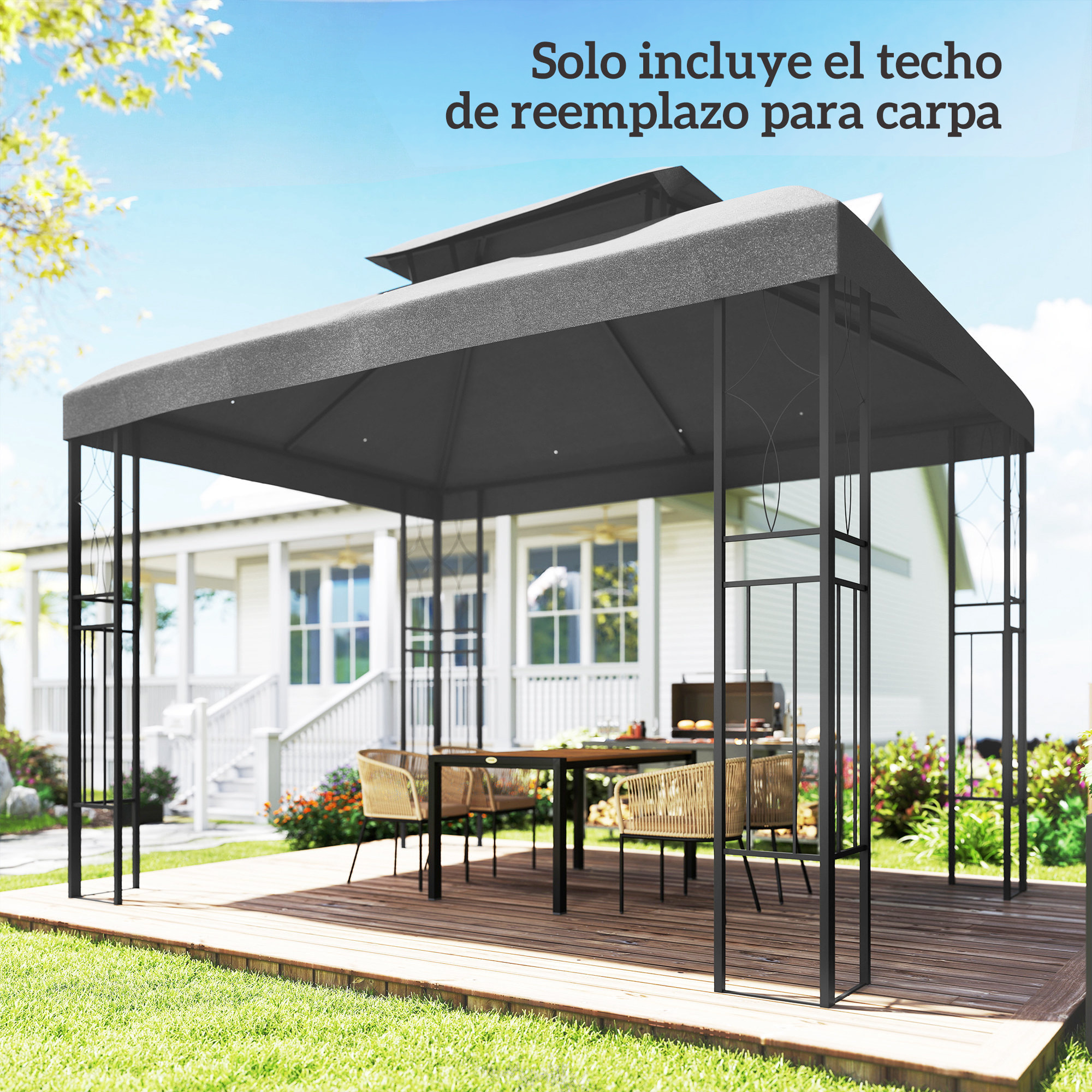 Techo de Repuesto para Cenador, 4x3 m, Cubierta de Repuesto con Techo Doble, 10 Orificios de Drenaje y Protección UV, SOLO Toldo de Recambio para Pabellón Gazebo, Gris