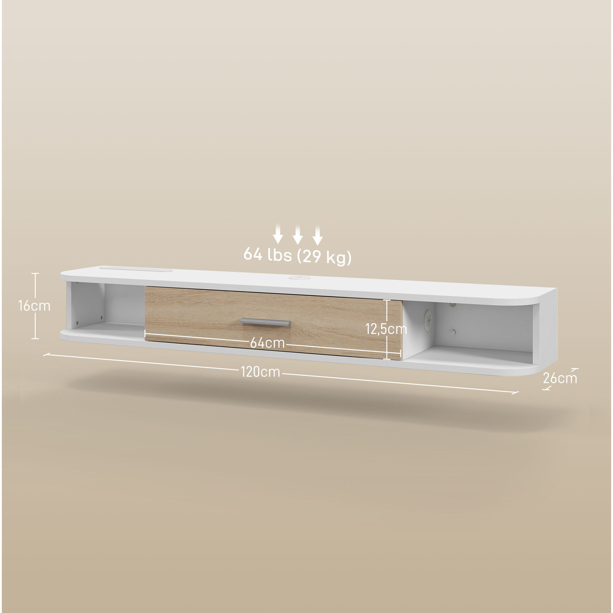 Meuble TV mural banc TV design flottant - 2 niches, porte abattante - dim. 120L x 26l x 16H cm - blanc aspect chêne clair