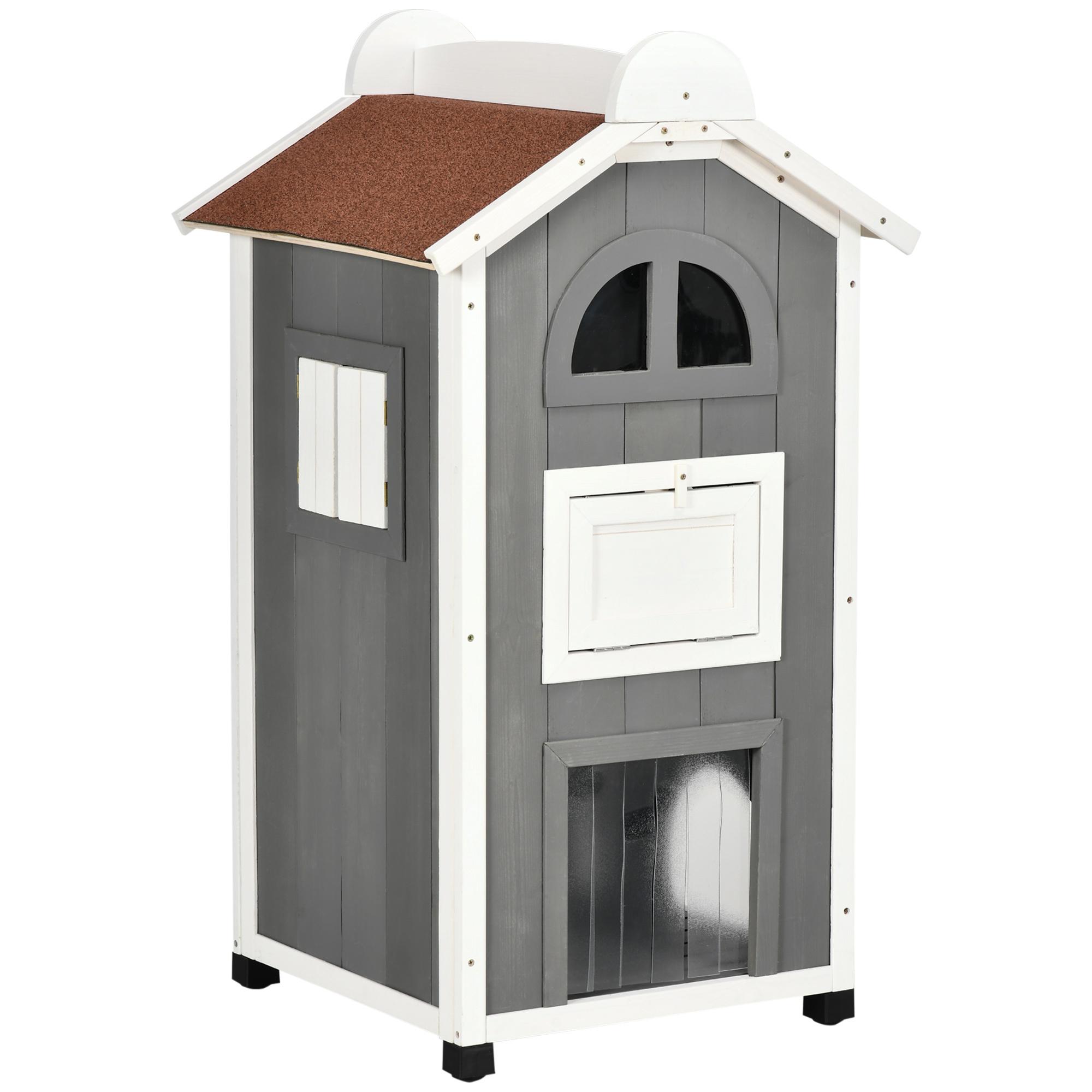 Casa para Gatos de Madera 59x55x109 cm Caseta para Gatos de 3 Niveles Refugio para Gatos con Techo Asfáltico Plataformas y Escalera para Exterior Gris