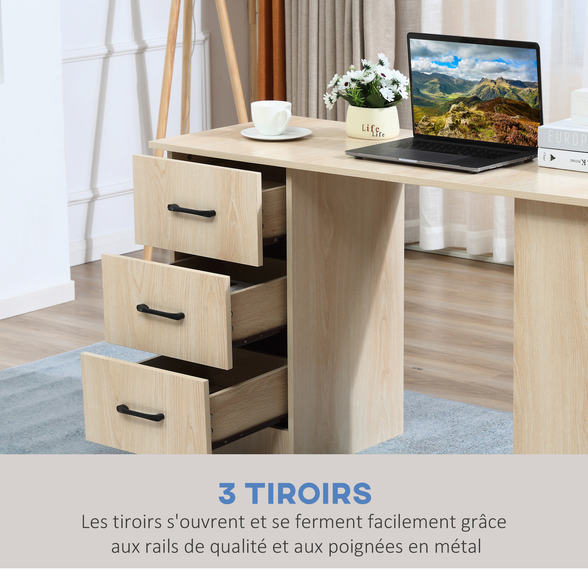 Bureau informatique table multi-fonctions 3 tiroirs 2 étagères dim. 120L x 49l x 72H cm MDF aspect bois