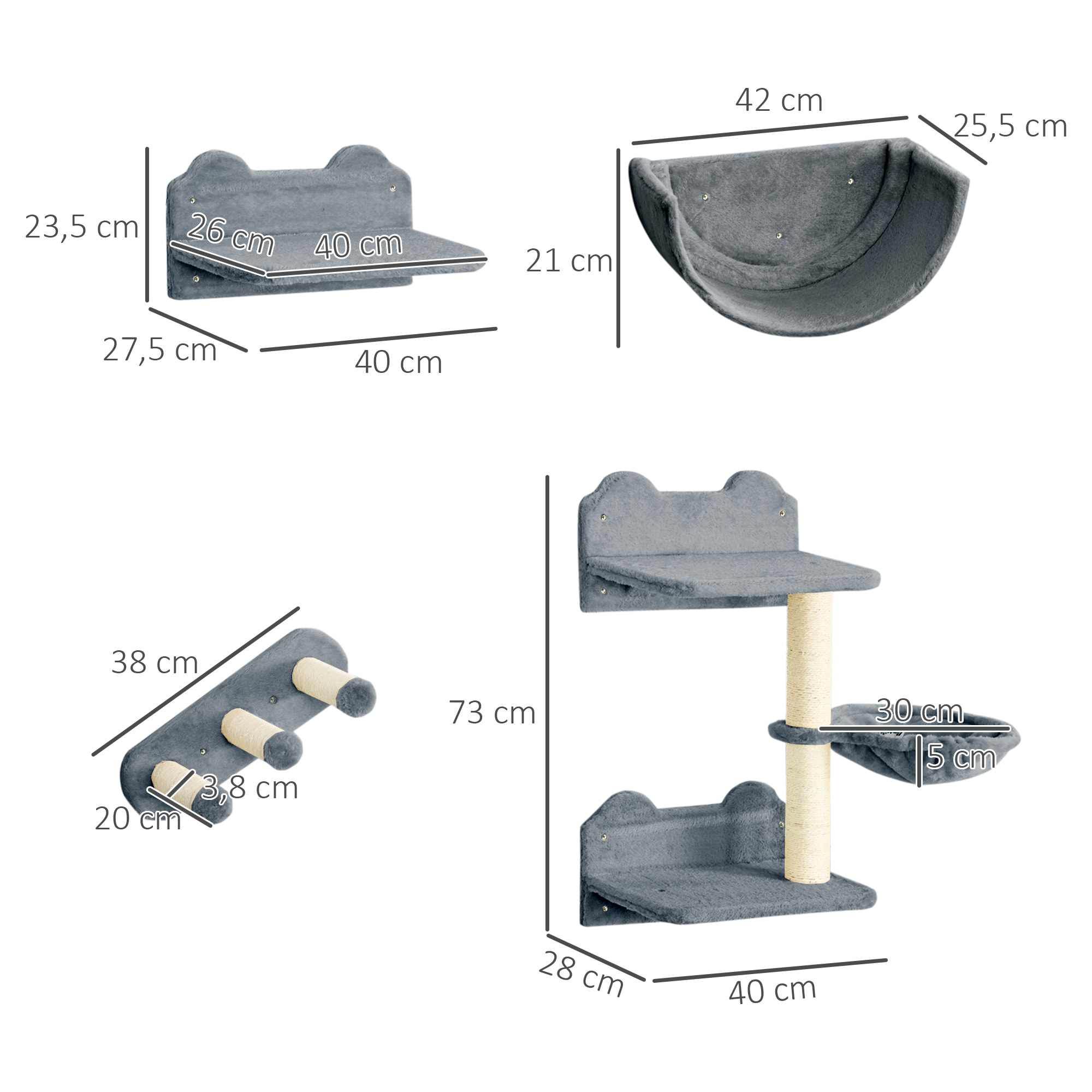 Mur d'escalade pour chat - arbre à chat design mural - griffoirs, plateformes, 2 paniers, échelle - sisal peluche gris