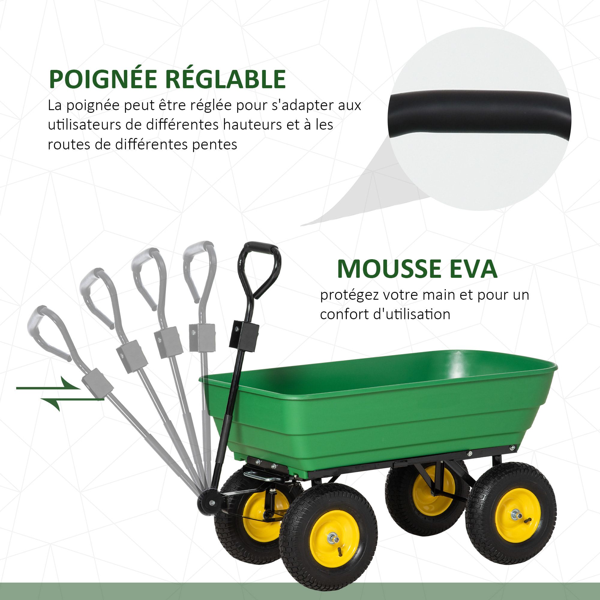 Chariot de jardin à main benne basculante 75° 125L charge max. 200 Kg 4 roues pneumatiques acier PP jaune vert