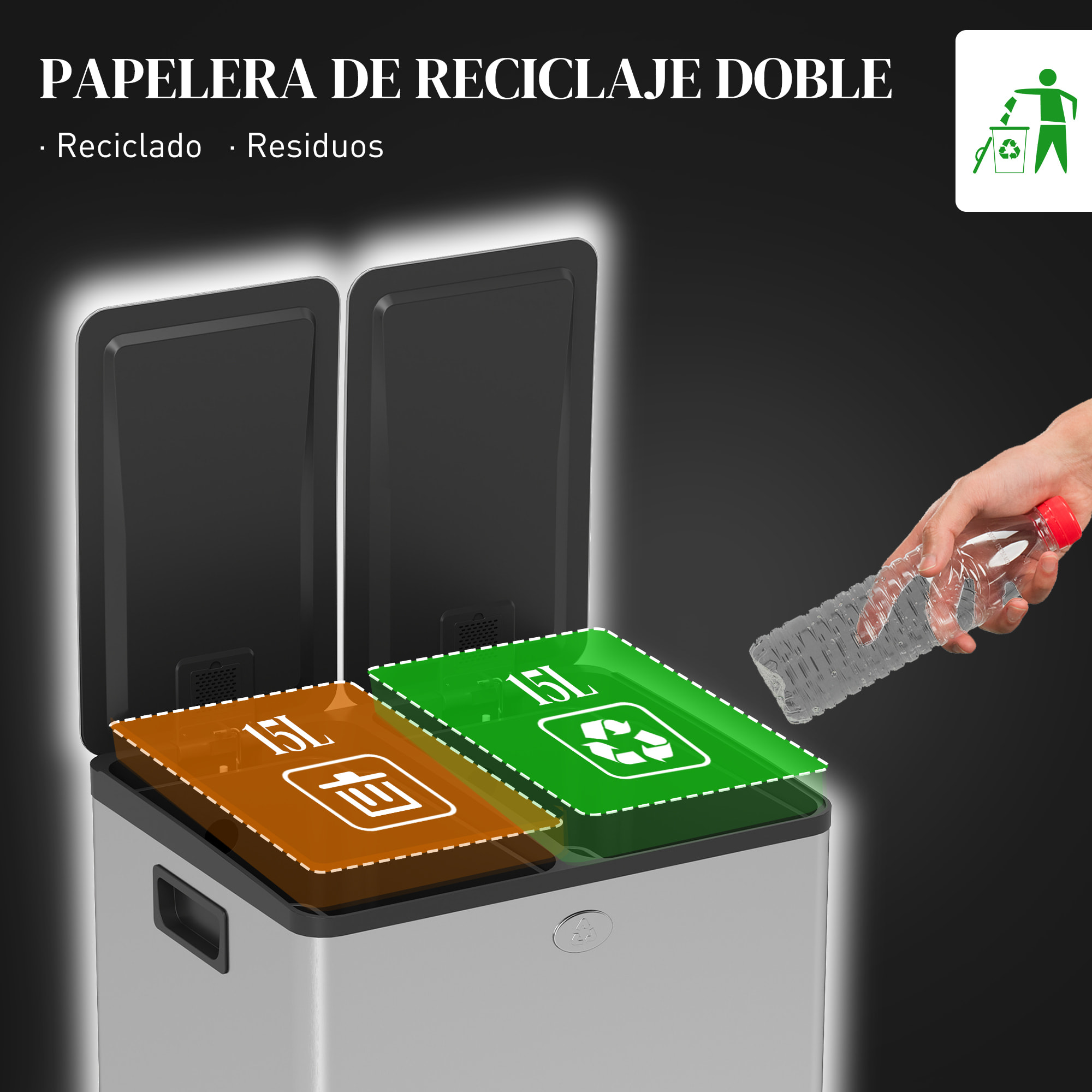 Cubo de Basura de Cocina con 2 Compartimentos 2x15L Papelera de Cocina de Acero Inoxidable con Pedales Tapas de Cierre Suave y Cubo Extraíble para Reciclaje Residuos Restos de Comida Plata