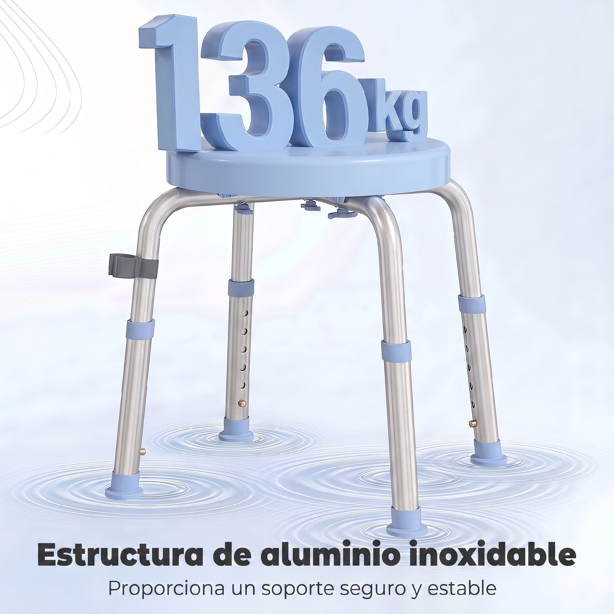 Silla Ducha Personas Mayores Giratorio 360°, Taburete Ducha con Marco de Aluminio, Altura Regulable en 5 Niveles, Antideslizante, Silla de Baño, Montaje Sin Herramientas, Carga 136 kg