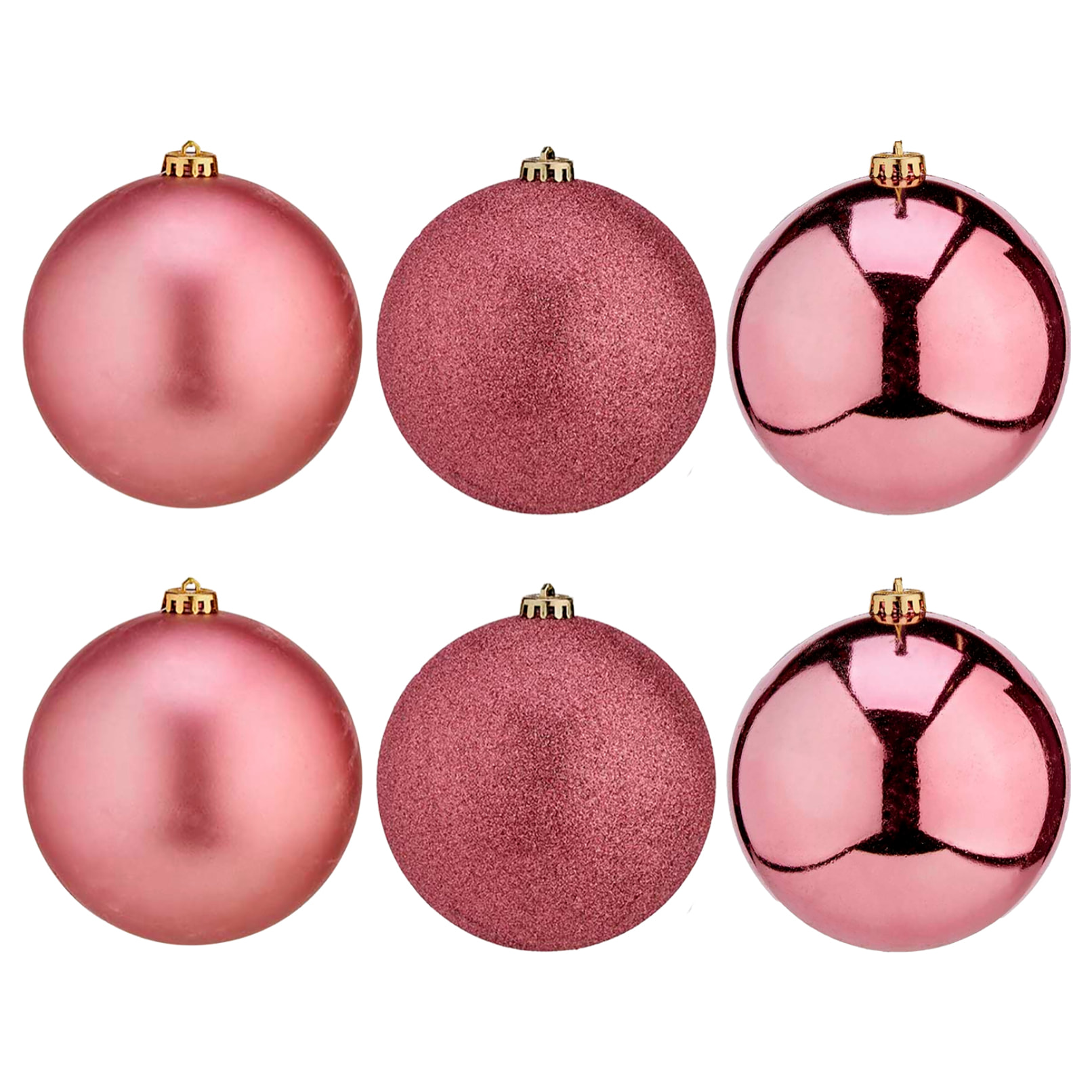 Set de 6 bolas navideñas de 10cm en color rosa, surtido en 3 diseños: liso, brillante y con textura.