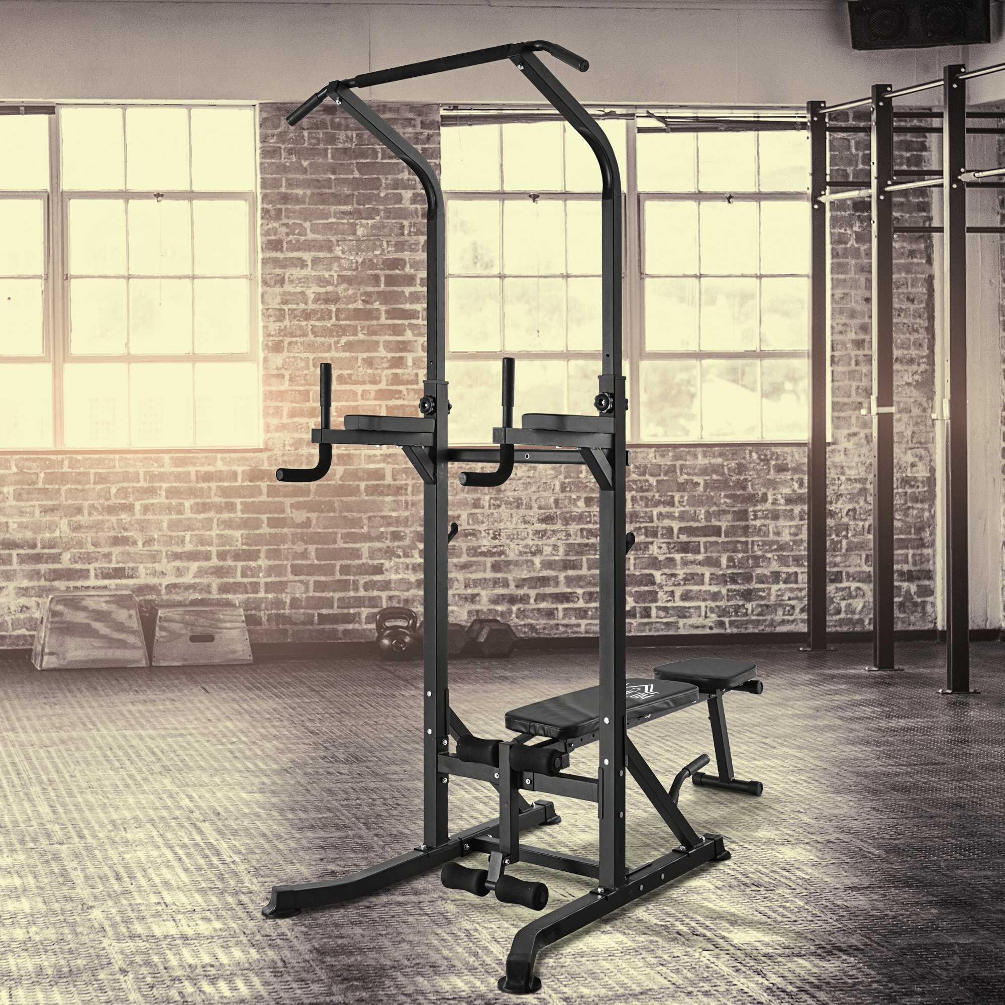 Estación de Musculación Torre de Entrenamiento Altura Ajustable con Barra de Dominadas y Banco Plegable para Fitness en Casa Gimnasio Carga 150 kg 99x178x230 cm Negro