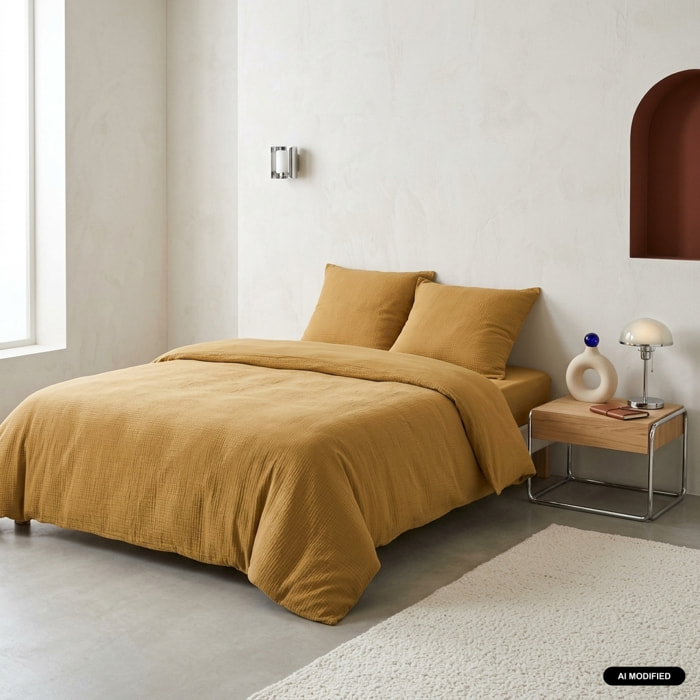Parure de lit gaze de coton 2 places miel ALIX
