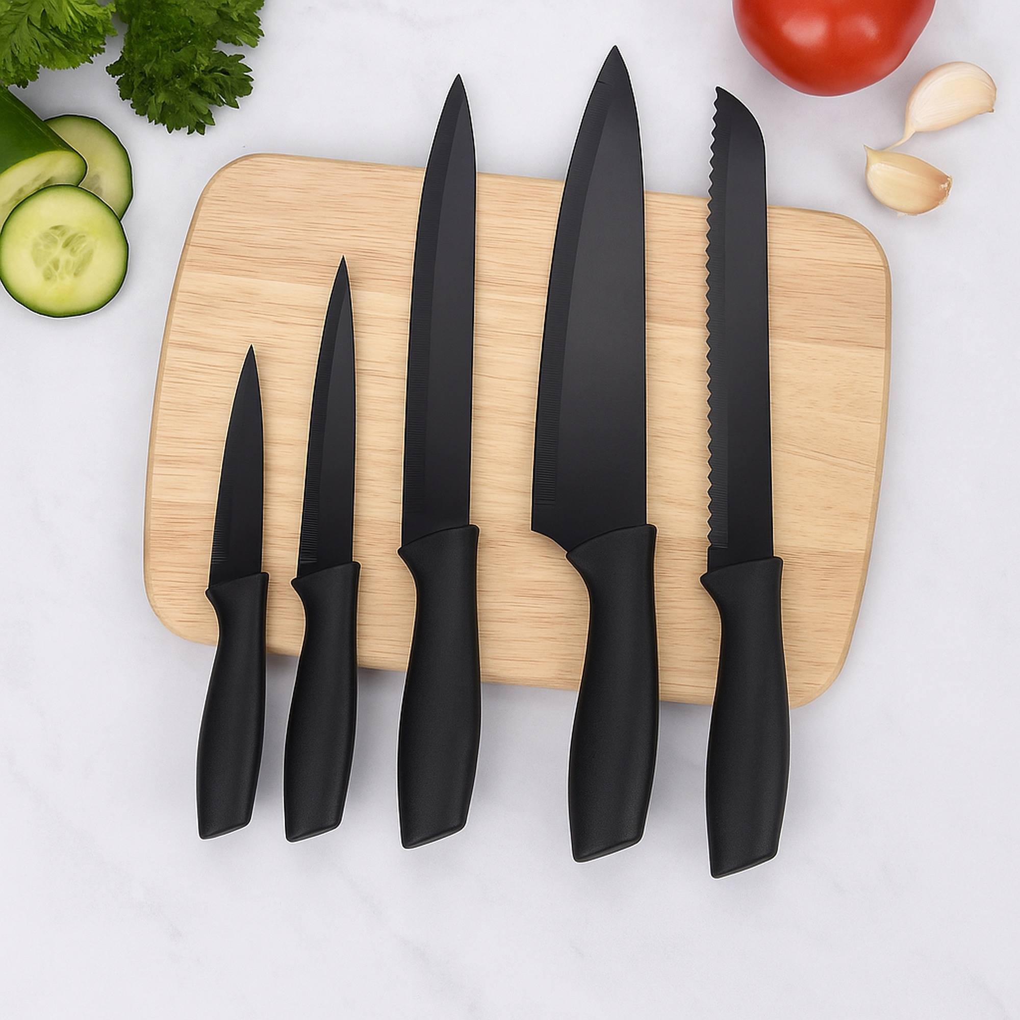 set de cuchillos de 5 piezas con mango de pp y hoja de acero coloreado - incluye cuchillo para pelar, multiusos, carne, pan y chef