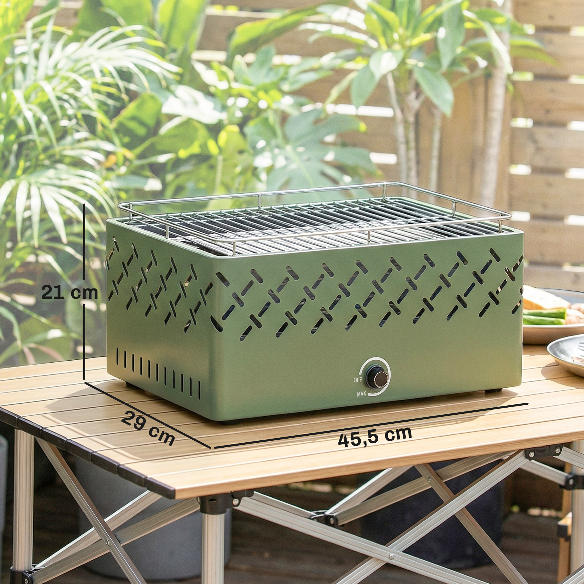 Barbacoa de Carbón, Barbacoa Portátil, 45,5x29x21 cm, con Ventilador Integrado, Temperatura Ajustable y Bandeja de Carbón, para Camping, Picnic, Fiesta en Jardín, Verde Claro