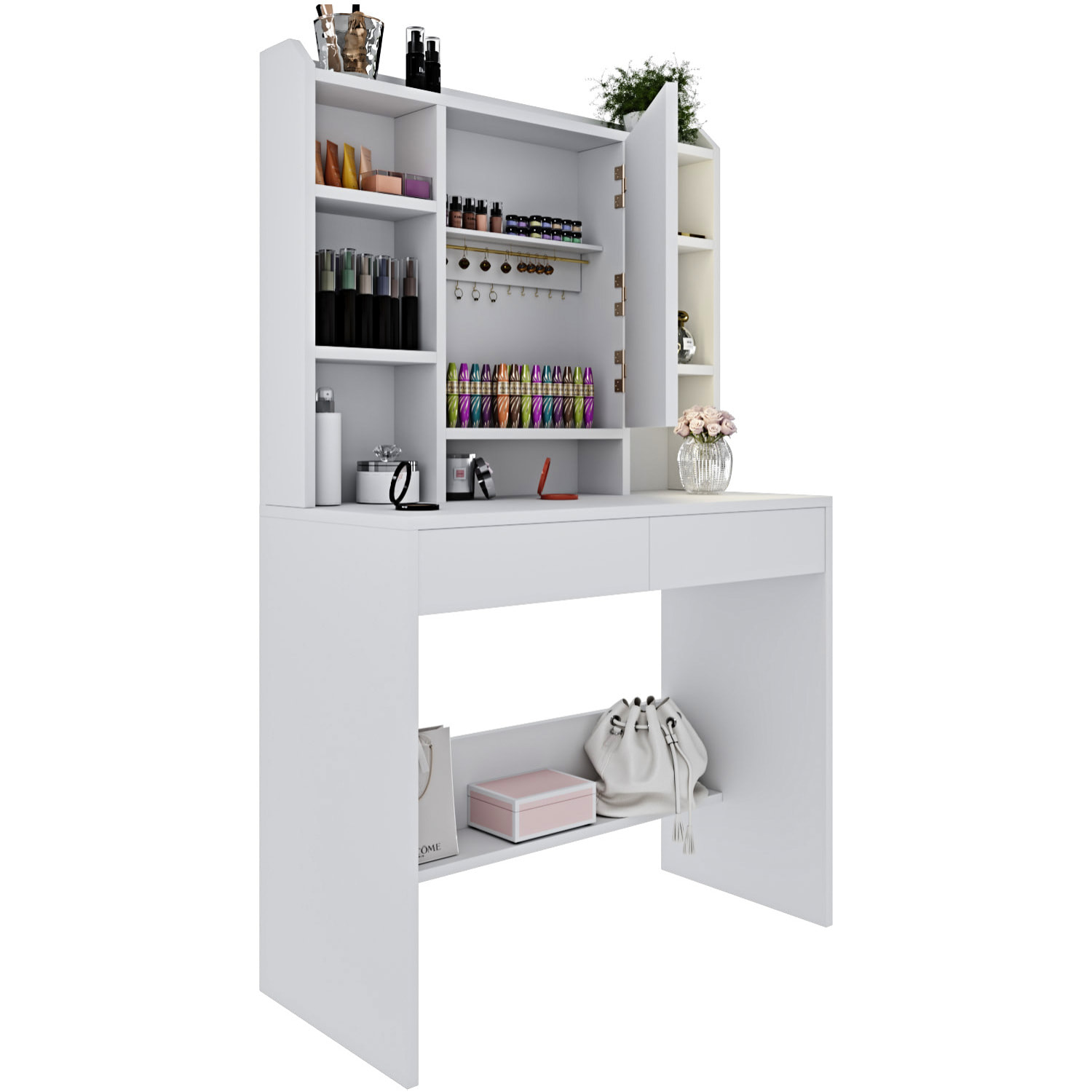 Toeletta Tavolino Da Trucco Tavolo Con Luce LED Luminosità Tonalità Regolabile Specchio 2 Cassetti 7 Vani A Giorno Mensole Regolabili 40x90x145 Cm