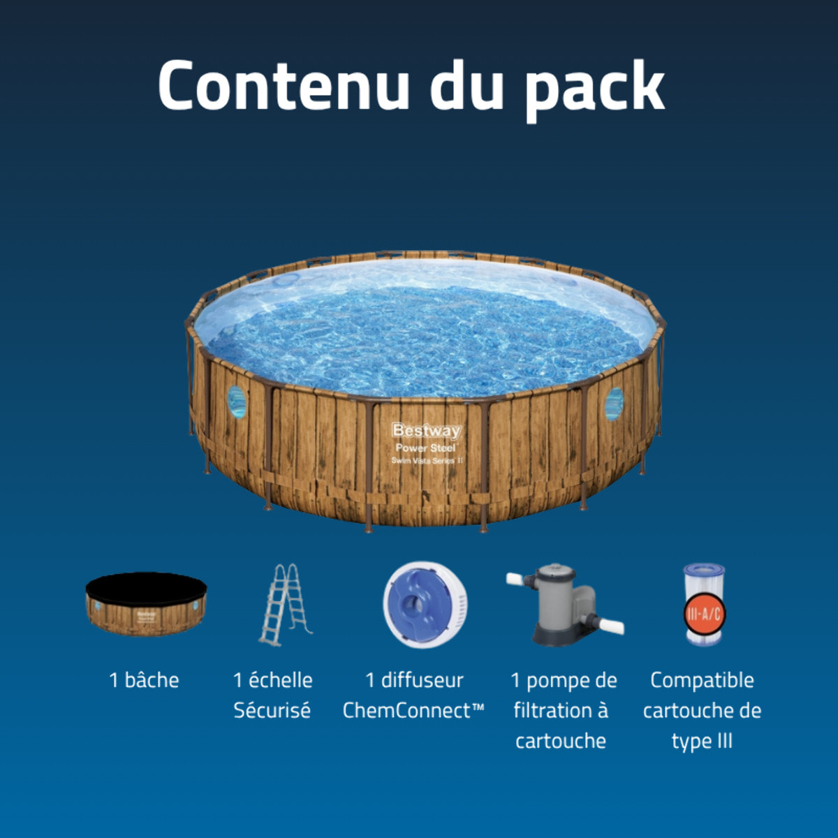 Bestway Piscine hors sol tubulaire ronde Bestway Power Steel Swim Vista 488 x 122 cm décor bois