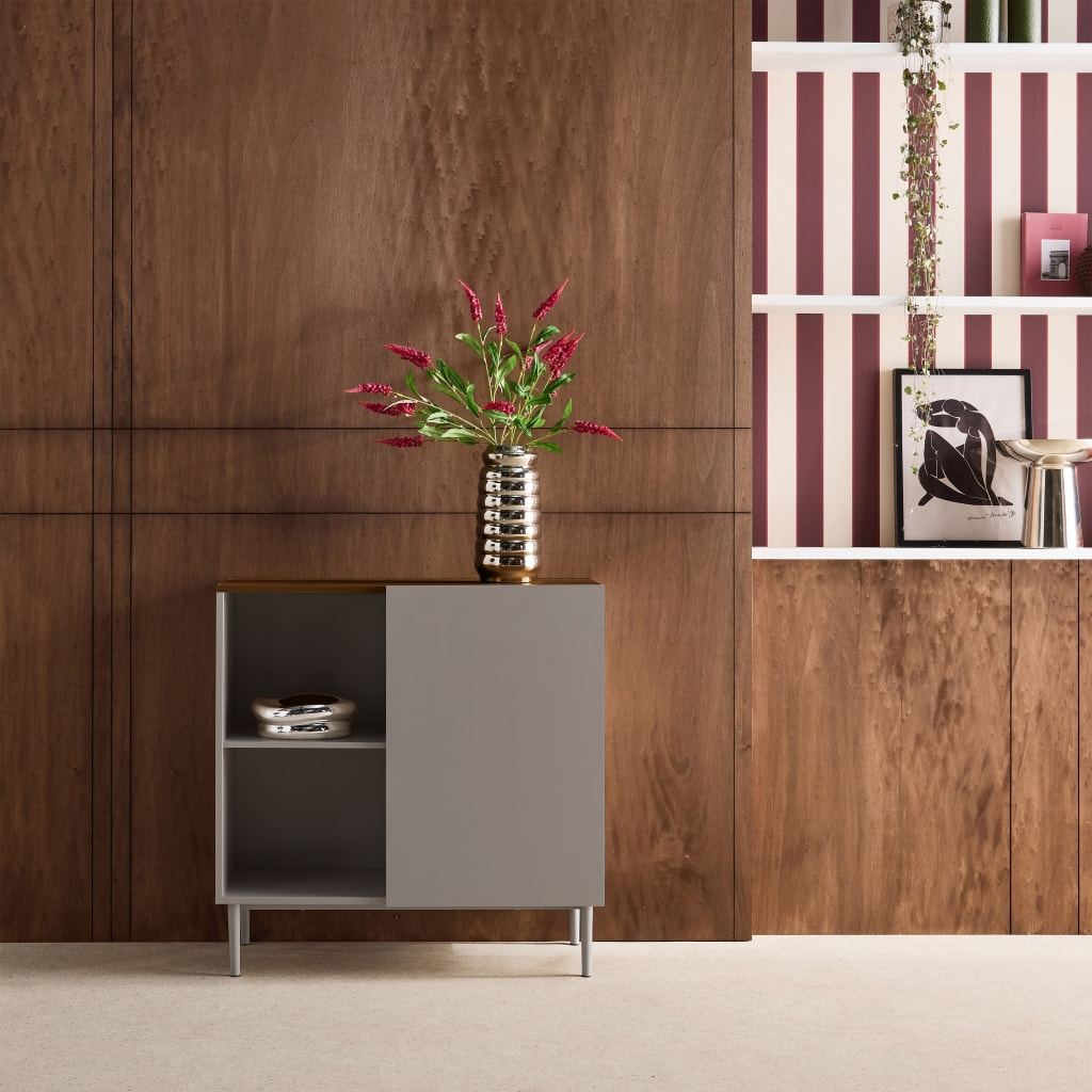 Buffet, meuble de rangement décor bois piétement métal 1 porte 80cm ASHTON