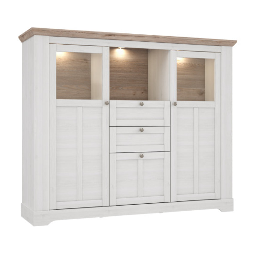 Buffet vitrine en bois effet chêne clair blanchi avec éclairage LED - ILONA