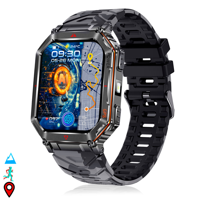 Smartwatch KR92 con chiamate BT, GPS, strumenti di esplorazione, monitor cardiaco, ChatGPT e oltre 100 modalità sportive.