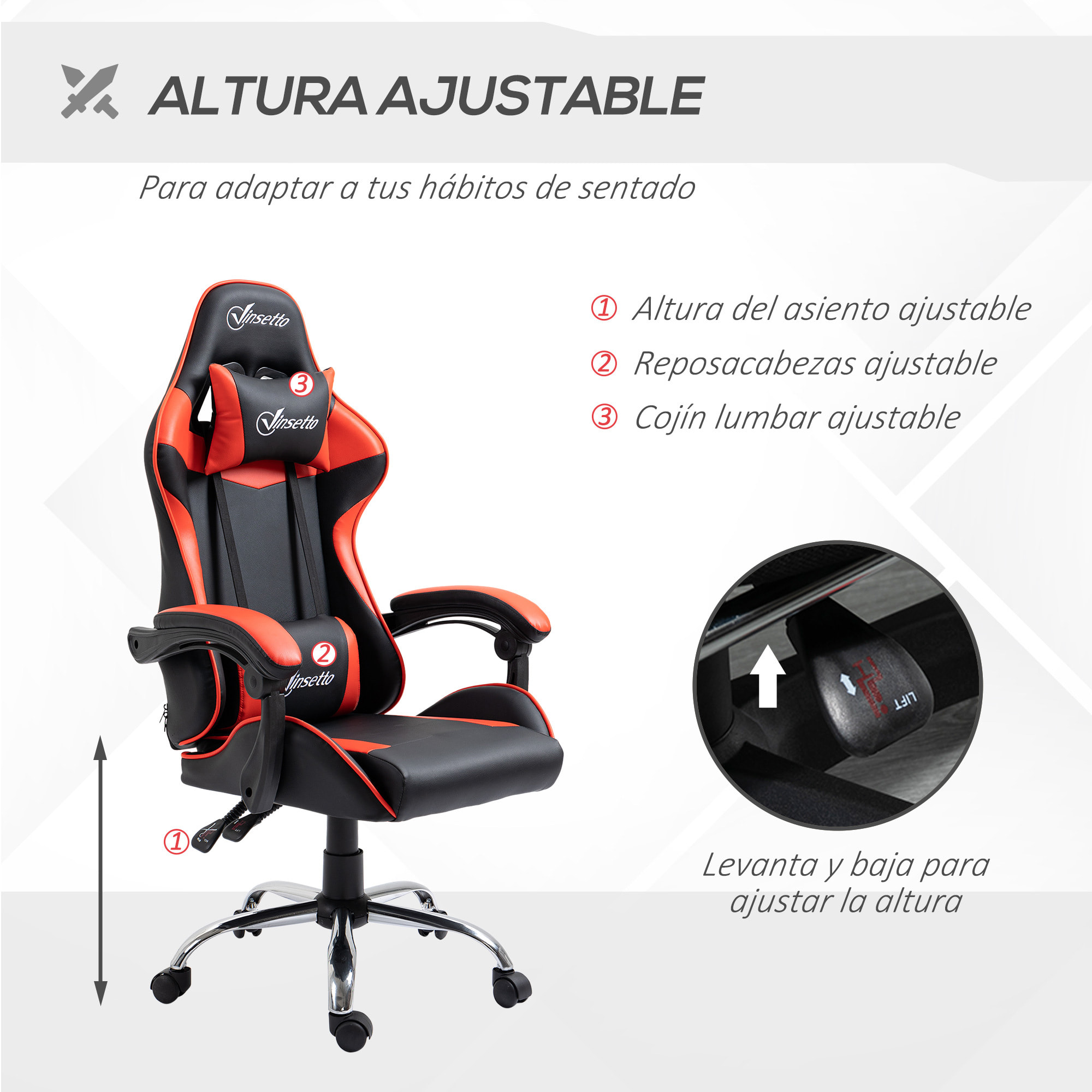 Silla Gaming Ergonómica Silla de Escritorio Racing Giratoria con Altura Ajustable Reclinable de 135° Reposacabezas y Cojín Lumbar para Oficina Estudio 63x67x122-130 cm Rojo