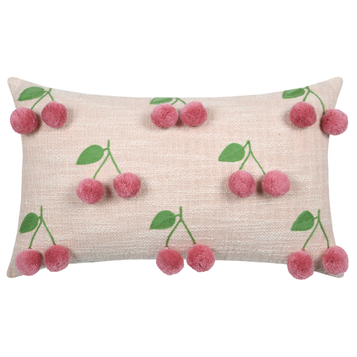 Coussin avec cerises en relief pompons - Beige