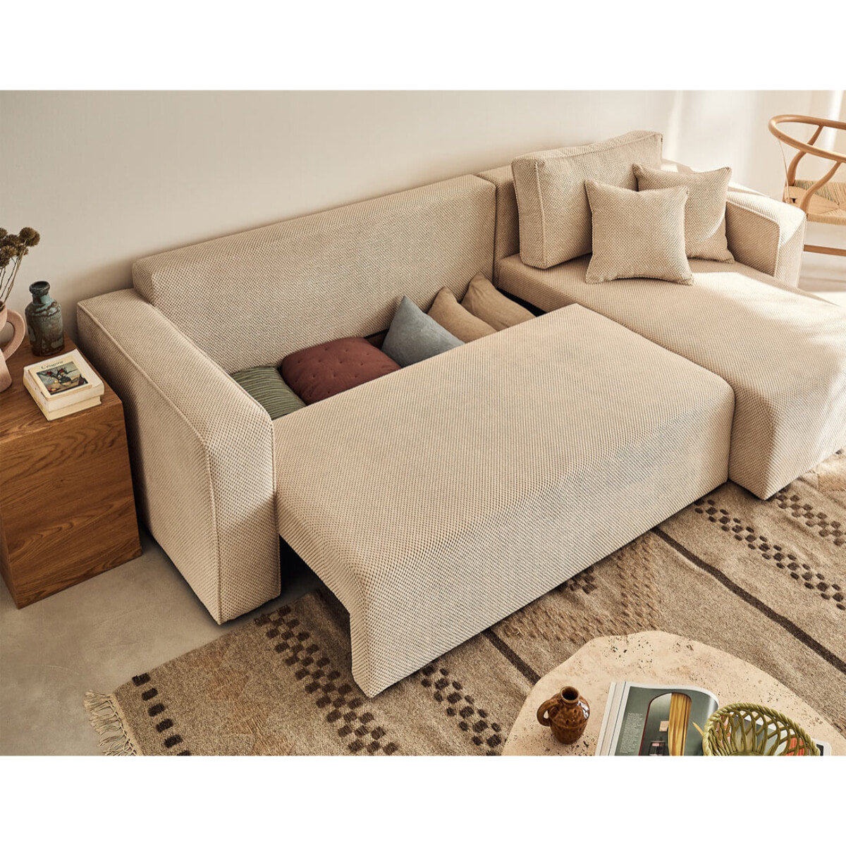 Topaze - canapé d'angle réversible - 4 places - convertible avec coffre - en velours texturé - Beige