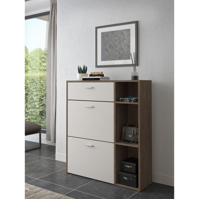 Scarpiera Mobile Portascarpe Salvaspazio Ingresso Con 2 Ribalte Doppia Profondità 1 Cassetto 3 Vani A Giorno 90x101.5x26 Cm Bianco Noce