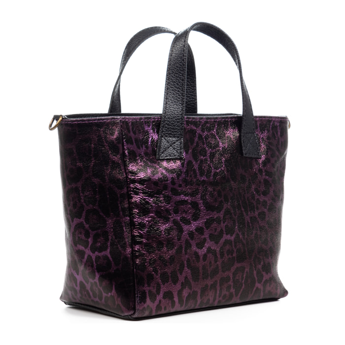 Borsa tote Cassandra da donna. Vera pelle scamosciata, stampa animalier leopardata, lacca lucida.