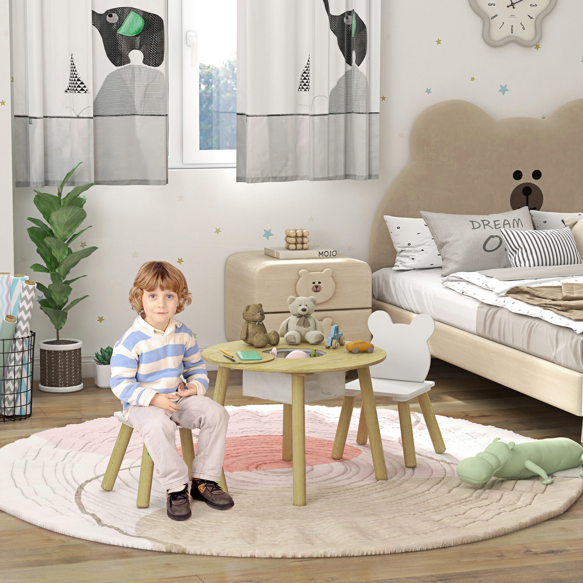 Mesa y Sillas Infantiles de 3 Piezas Mesa Infantil con 2 Sillas con Espacio de Almacenaje para Niños de 3-6 Años para Sala de Juegos Dormitorio Guardería Natural