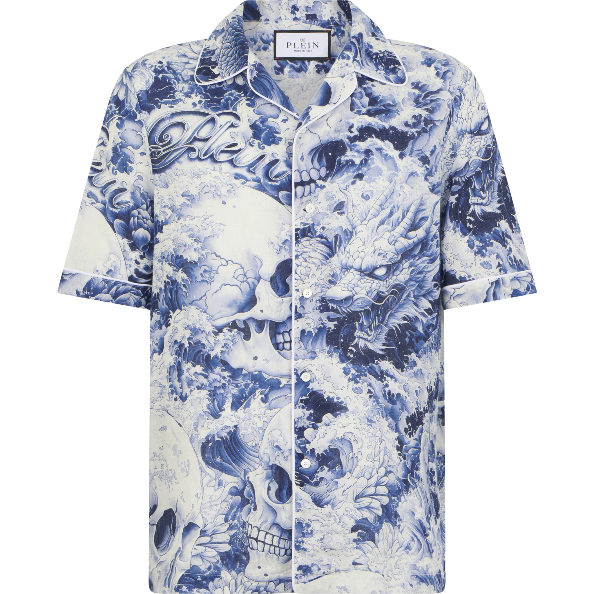PHILIPP PLEIN Linen Bowling Shirt All-Over Ceramic