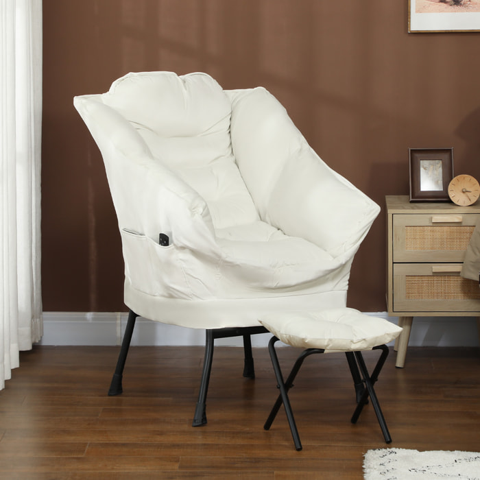 Sillón de Salón con Otomana Sillón de Relax Sillón para Lectura con Bolsillos Laterales y Patas de Acero para Sala de Estar Dormitorio Crema