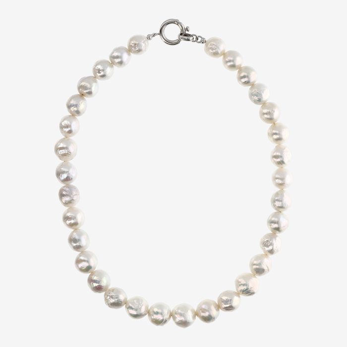 Collana Girocollo con Perle Ming Barocche d'Acqua Dolce Bianche Ø 12/13 mm in Argento 925 placcato Oro bianco 18Kt