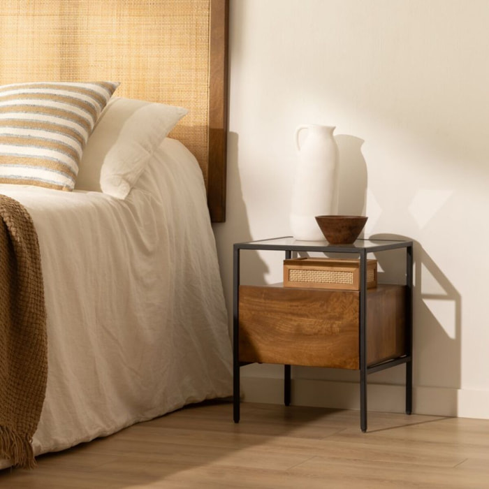 Table de chevet Tana -bois massif de mangue-couleur noyer 40 x 50 x 38 cm