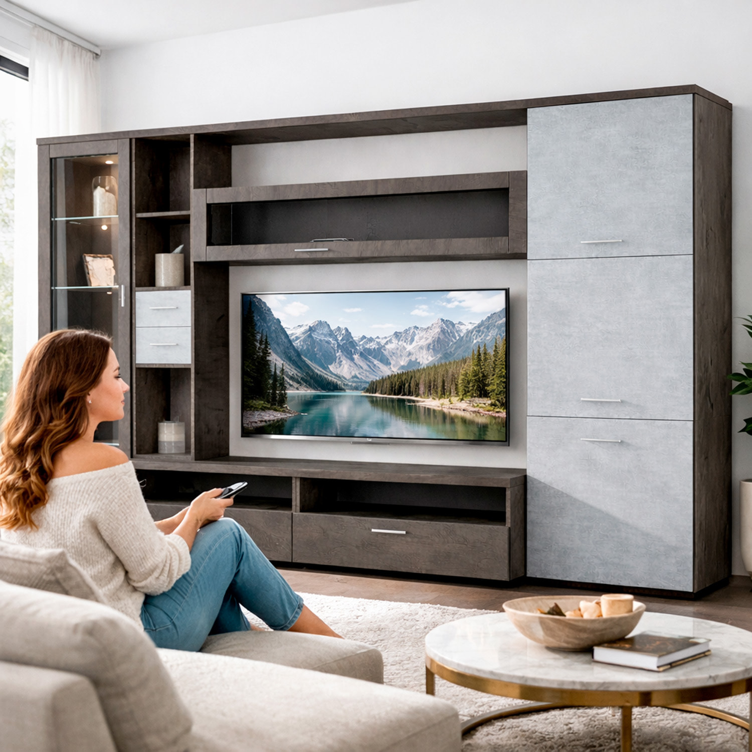 Parete Attrezzata Soggiorno Mobile Porta TV Con Vetrina E Cassetti Design Moderno Industrial Chic Con Ampio Vano TV 270 x 213 x 50 Cm Ossido E Grigio Cemento