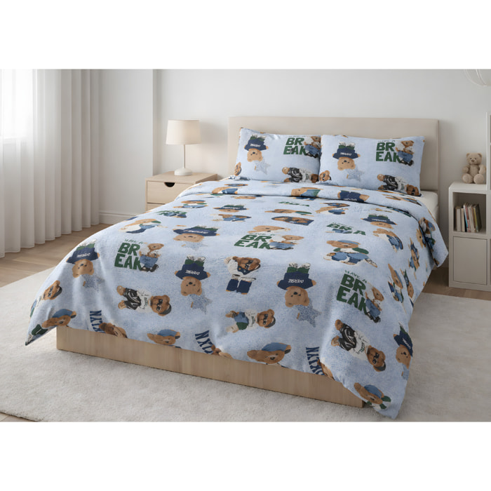 Parure Copripiumino 100% Cotone Made In Italy Fantasia Divertente Disegno Teddy Azzurro