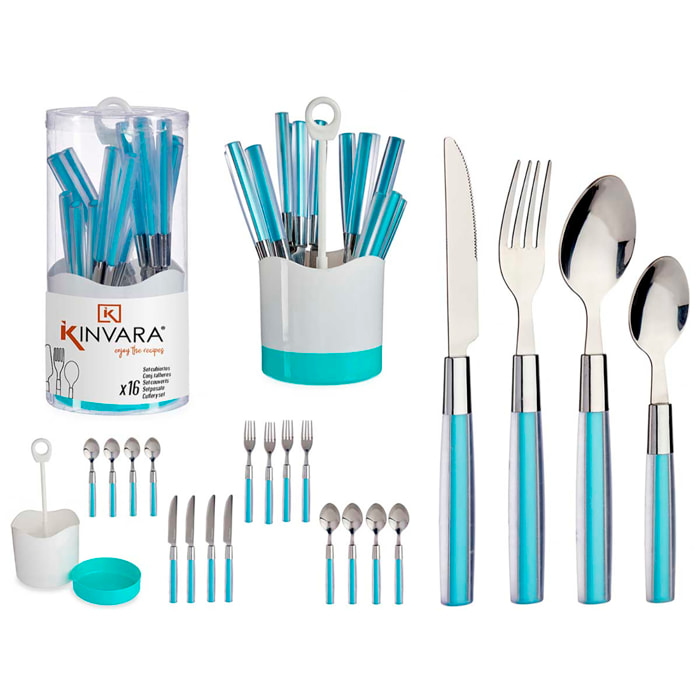 SET 16 CUBIERTOS ACERO INOXIDABLE MANGO PS AZUL