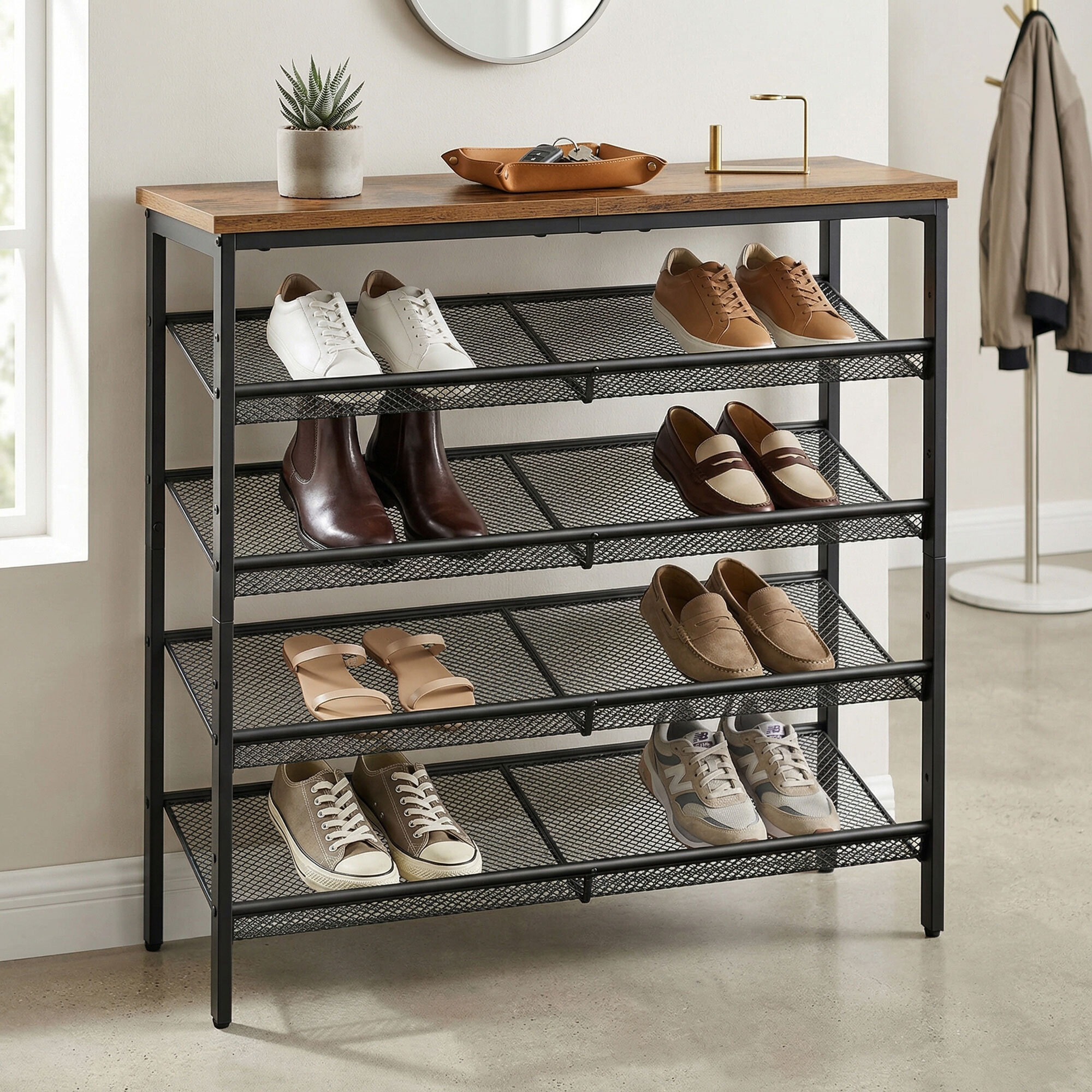 Zen - Scarpiera 4 ripiani 75x85x28,5 cm 12 paia Stile Industriale in Metallo e Legno