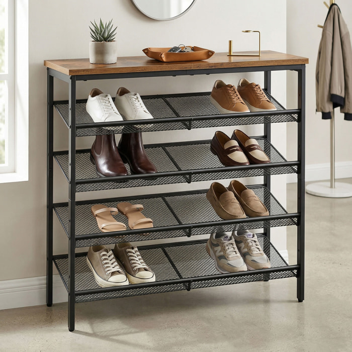 Zen - Scarpiera 4 ripiani 75x85x28,5 cm 12 paia Stile Industriale in Metallo e Legno