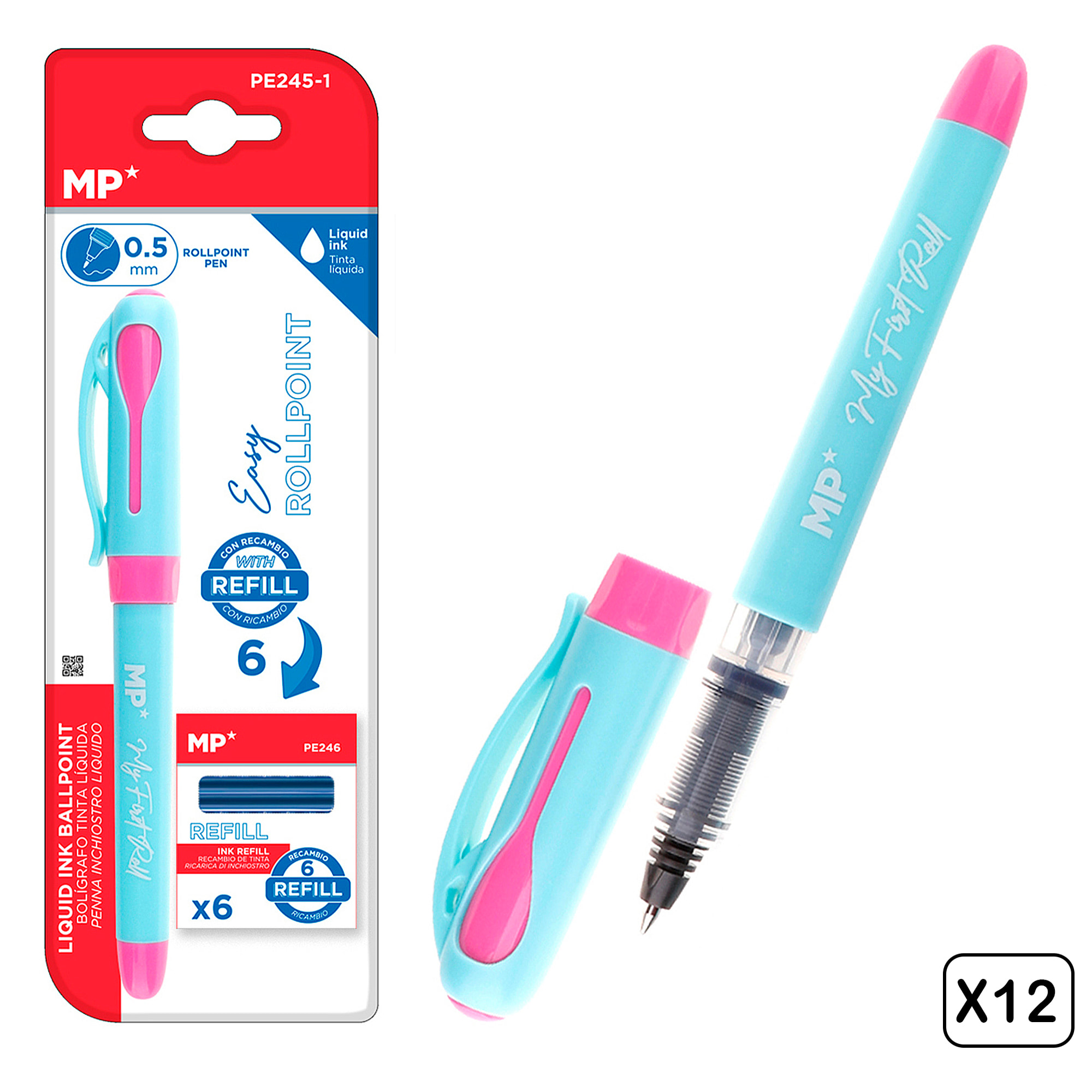 PACK 12 BOLÍGRAFOS TINTA LÍQUIDA PUNTA BALL AZUL/ROSA