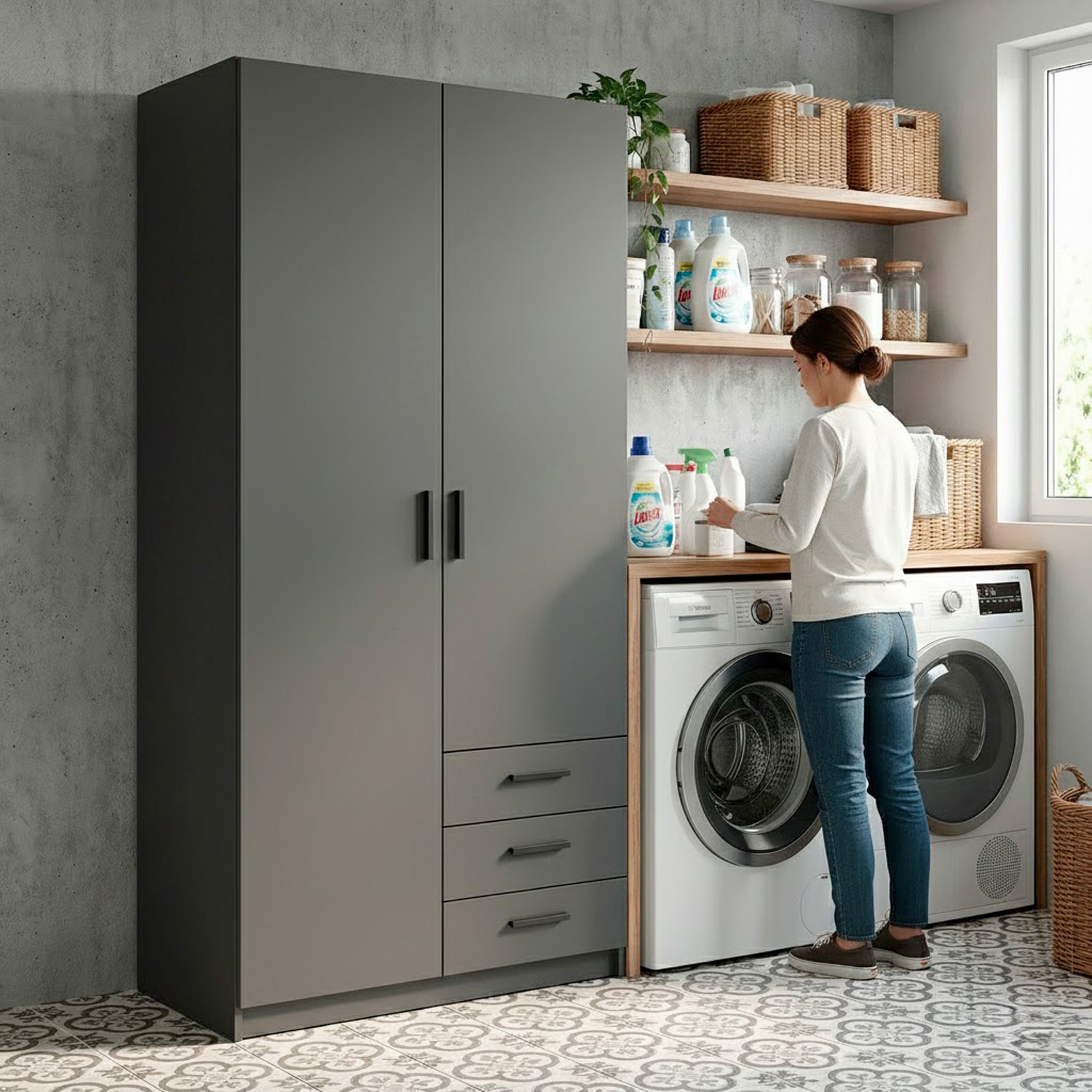 Armadio Con 2 Ante E 3 Cassetti Armadietto Multiuso Con Barra Appendiabiti E 4 Ripiani Di Cui 2 Regolabili Design 98.5x49.8x200.4 Cm Grigio Scuro