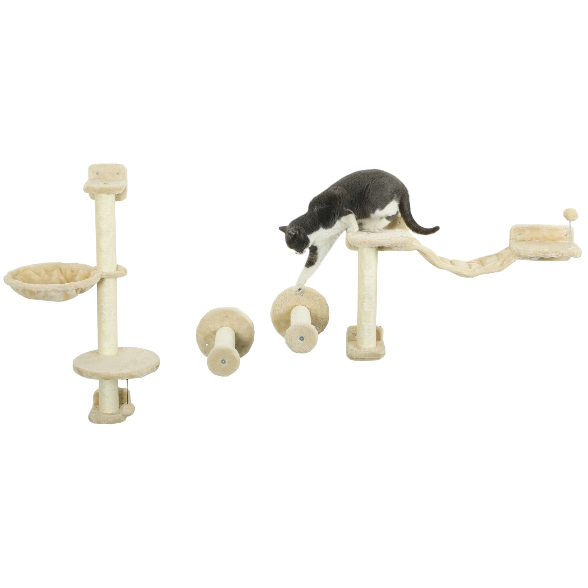 Juego de Estanterías para Gatos de 4 Piezas Rascador de Pared para Gatos con Hamaca Postes Rascadores Escalera Blanda Bola Plataformas para Saltar Beige