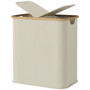 Panier à linge double pliable 80L - corbeille à linge sale avec couvercle et poignées - bambou non tissé beige