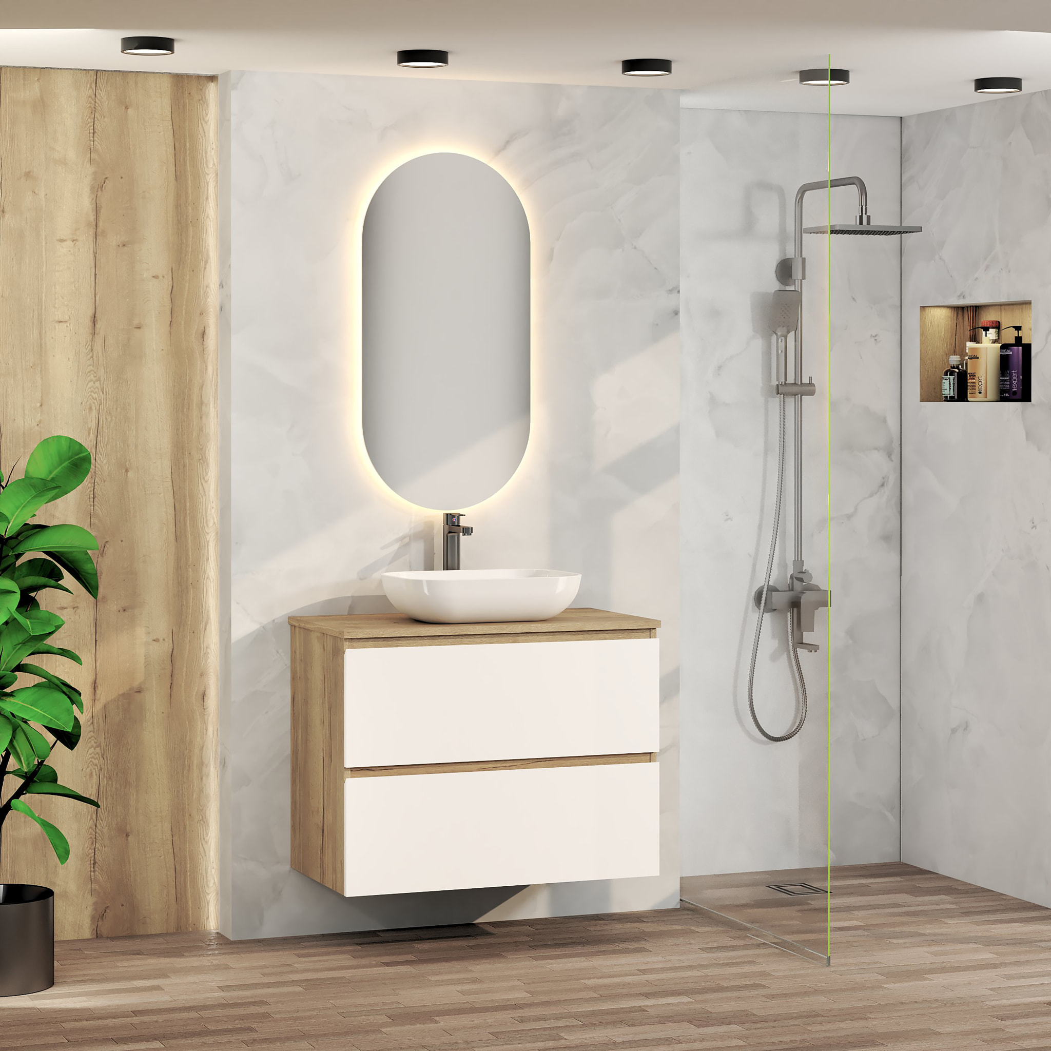ENSEMBLE DE SALLE DE BAIN NIA | MEUBLE SUSPENDU | 80 CM BLANC | DEUX TIROIRS |LAVABO SUR PLAN | MIROIR NON INCLUS | MEUBLE MONTÉ | ALDAY