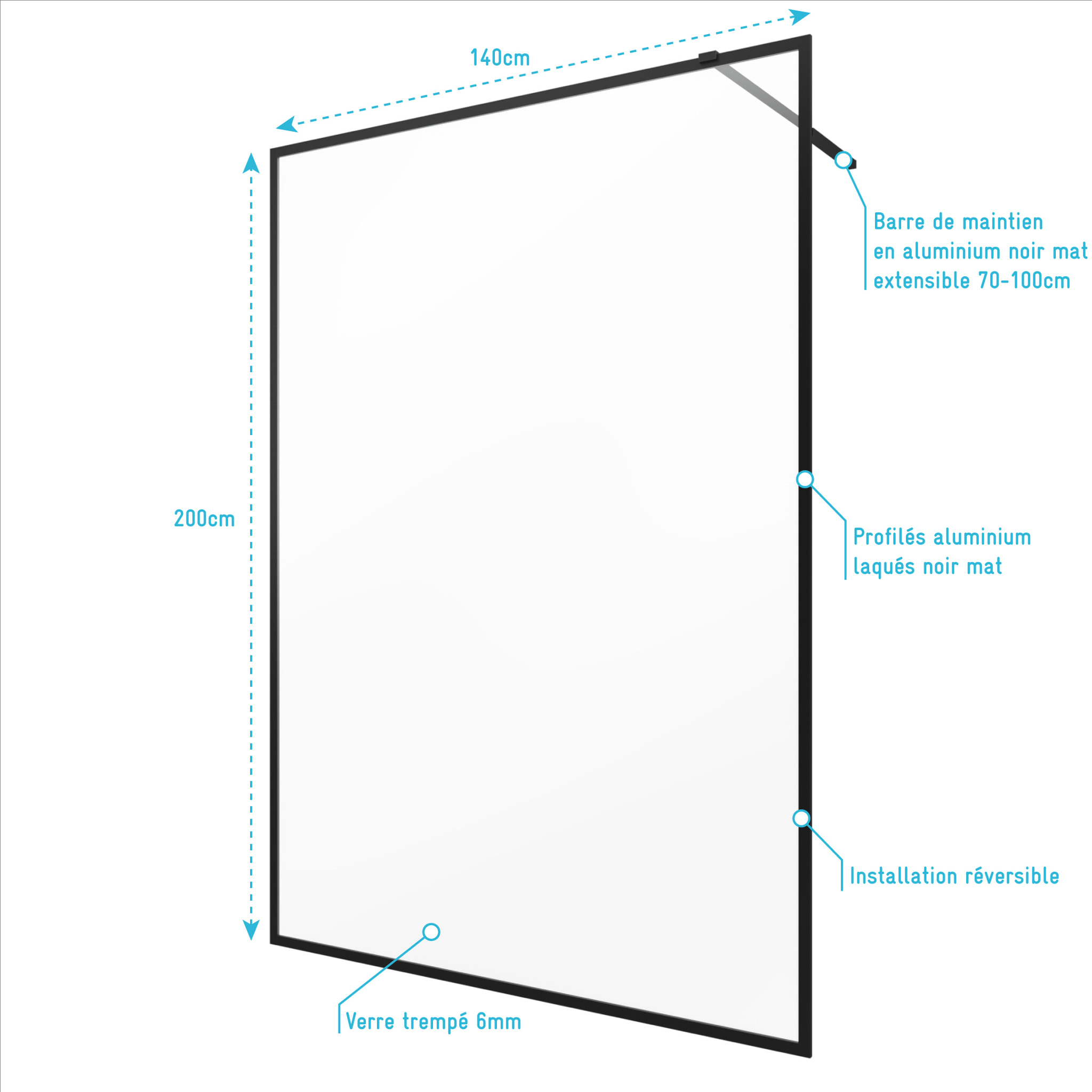 Paroi de Douche 140x200 cm - Cadre et Bras Aluminium NOIR MAT - DARK CONTOURING