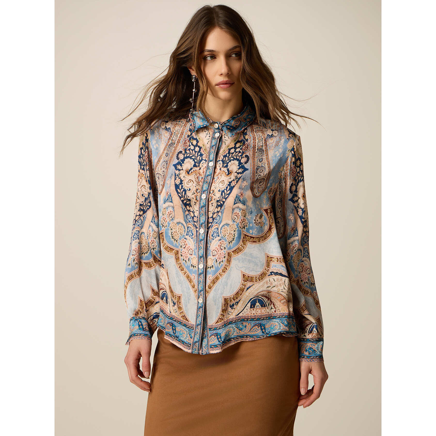 Oltre - Camicia in raso fantasia - Azzurro