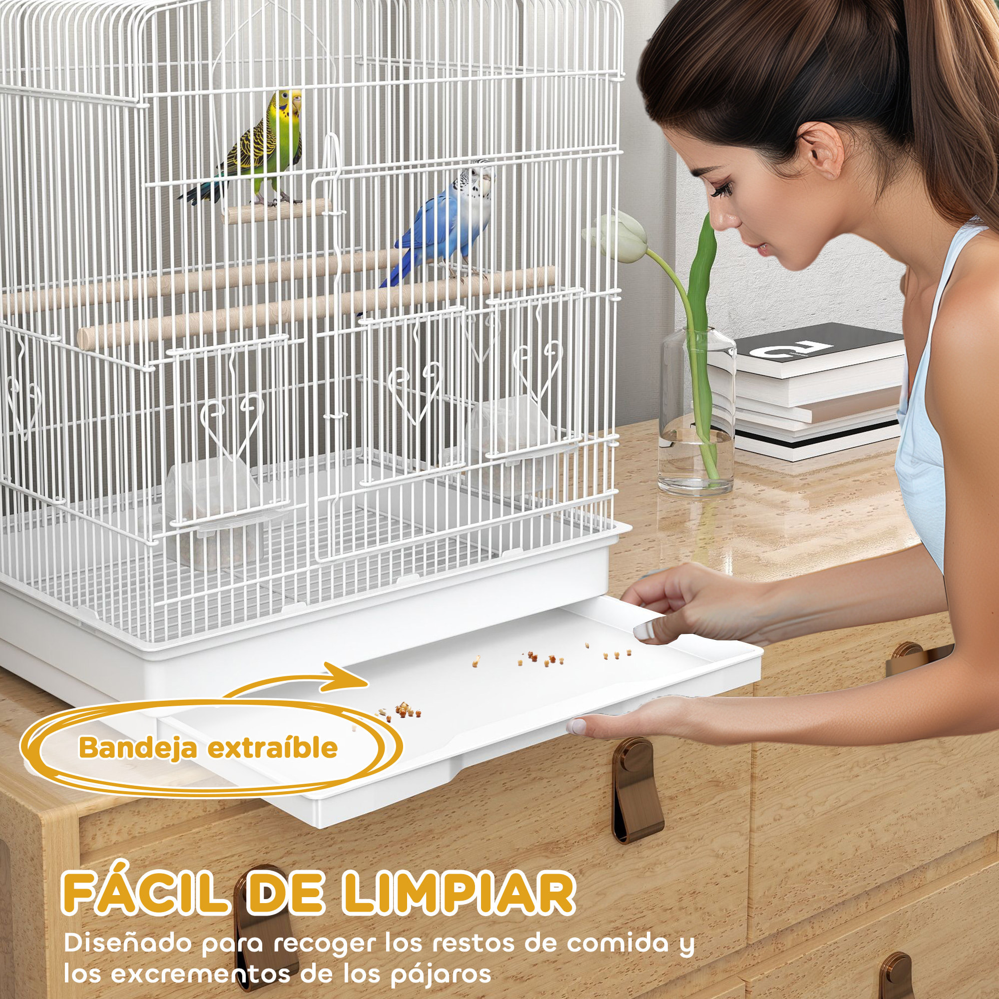 Jaula para Pájaros, Jaula de Acero para Pájaros con Puertas, 2 Comederos, 2 Perchas, Columpio, Bandeja Extraíble y Asa de Transporte, para Loro, Canario, Periquito, 46,5x36x59 cm, Blanco