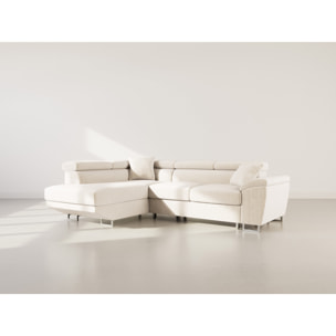 Baoji - Canapé d'angle gauche 5 places convertible avec têtières et coffre en velours côtelé - Beige