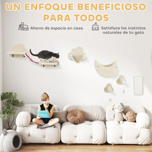 Juego de Pared de Escalada para Gatos de 6 Piezas Tema Cielo Estanterías para Gatos con Hamacas Plataformas Escaleras Tabla Rascador Poste de Sisal Estrellas de Juguete Beige