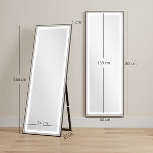 Espejo de Pie Cuerpo Entero con Luces, 165x60 cm, Espejo de Cuerpo Entero, 3 Temperaturas de Color, Brillo Ajustable, Independiente, Apoyado y de Pared, para Dormitorio, Salón, Blanco y Negro